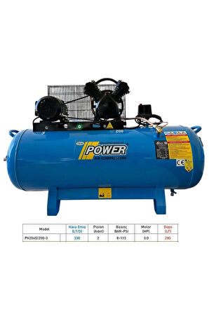 POWER 200 LT ALÜMİNYUM KAFALI YAĞLI PİSTONLU KOMPRESÖR 3 HP, 2 PİSTON, 8 BAR