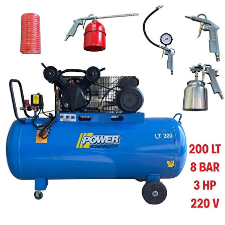 Power 200 Lt 3HP Yağlı Kompresör 5 Li Havalı Setli Hortum Hava Boya Mazot Lastik Şişirme Aparatları