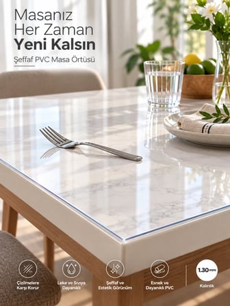 Şeffaf PVC Masa Örtüsü 1,30MM Kaymaz Masa Koruyucu Çizilme Kirlenme Önleyici Kolay Temizlenebilir Esnek Mika Muşamba 90X280