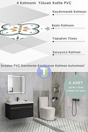 Technojet Kendinden Yapışkanlı Karo PVC Mutfak Banyo Tezgah Kaplama Sticker 6Adet 20cm×20cm