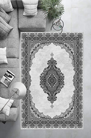 Dijital Baskı Kaymaz Deri Taban Halı  SİYAH-GRİ
