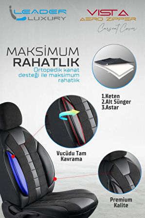 Seat Leon Cupra Uyumlu Lüx Deri Detaylı Keten Oto Koltuk Kılıfı Ön Arka Takım Vista Dark Siyah