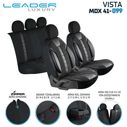 Toyota Corolla E160 2007-2012 Uyumlu Lüx Deri Detaylı Keten Oto Koltuk Kılıfı Ön Arka Takım Vista Dark Siyah