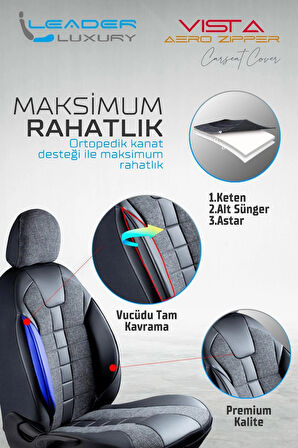 Honda Civic FB7 Uyumlu Lüx Deri Detaylı Keten Oto Koltuk Kılıfı Ön Arka Takım Vista SİYAH