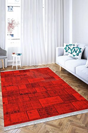 Yıkanabilir Kaymaz Tabanlı Dijital Baskılı Cotton Serisi Dikiş Efektli Patchwork Halı.