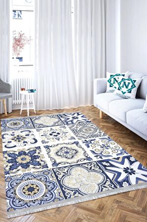 Yıkanabilir Kaymaz Tabanlı Dijital Baskılı Punto Serisi Çini Efektli Patchwork Halı.