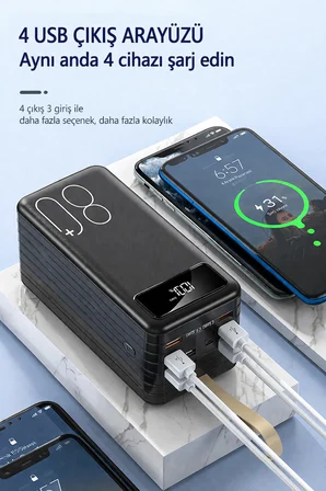 80.000mAh Powerbank Kamp Led Işıklı Kendinden Kablolu Powerbank 4xUsb-1TypeC-1Lightning Giriş