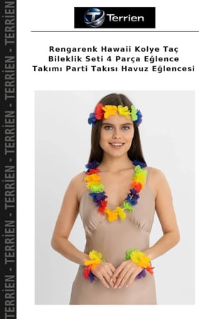 Rengarenk Hawaii Kolye Taç Bileklik Seti 4 Parça Eğlence Takımı Parti Takısı Havuz Eğlencesi
