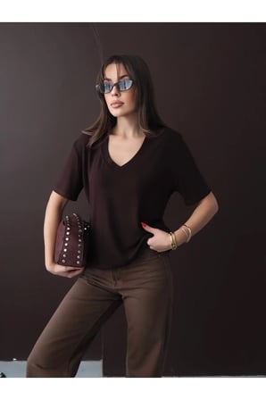 Kadın Pea Buzzy Kumaş V Yaka Salaş Bluz - 50 Bedene Kadar Uyumlu