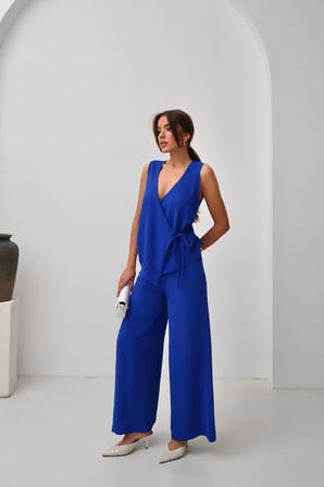 Kadın Scarlett Kruvaze Yaka Yan Bağlamalı Takım, Yazlık Bluz-Pantolon Takım