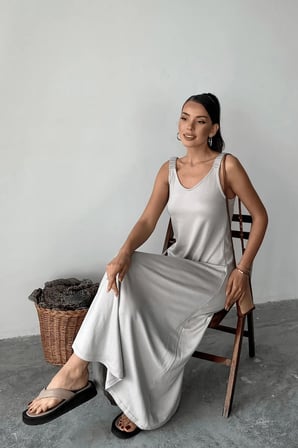 Kadın Sloane Pike Modal Kumaş Büzgü Lastik Askılı Maxi Yazlık Elbise