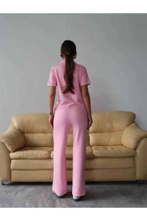 Kadın Maribel Pamuklu Modal Kumaş Polo Yaka Bluz-Pantolon İkili Alt-Üst Takım, 4 Mevsim Günlük Takım