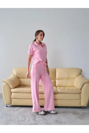 Kadın Maribel Pamuklu Modal Kumaş Polo Yaka Bluz-Pantolon İkili Alt-Üst Takım, 4 Mevsim Günlük Takım