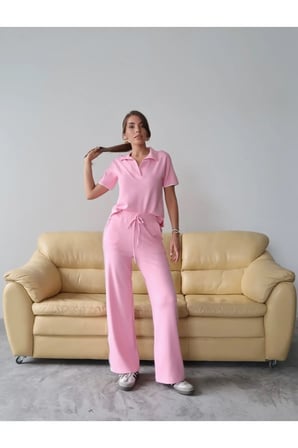 Kadın Maribel Pamuklu Modal Kumaş Polo Yaka Bluz-Pantolon İkili Alt-Üst Takım, 4 Mevsim Günlük Takım