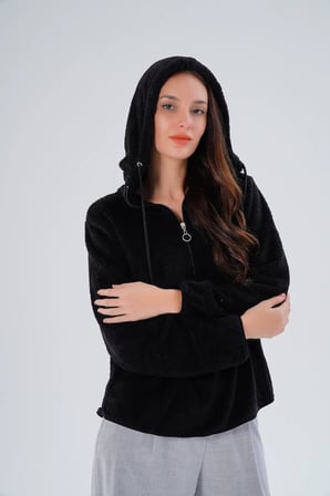 Kadın Büyük Beden Geniş Kalıp Wellsoft Kumaş Kapüşonlu Sweat - İçi Dışı Peluş Tasarım, Sıcak Tutar