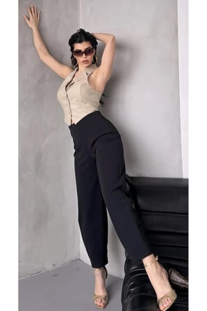 Kadın Bernis Siyah Balon Pantolon, Beli Lastikli Şalvar Model Krep Balon Pantolon Basen Gizleyen