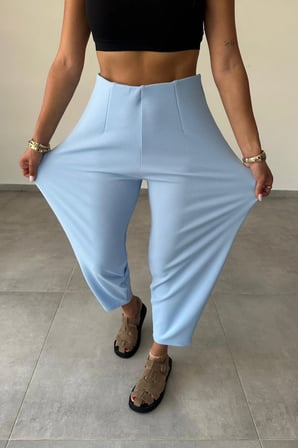 Kadın Bernis Mavi Balon Pantolon, Beli Lastikli Şalvar Model Krep Balon Pantolon Basen Gizleyen