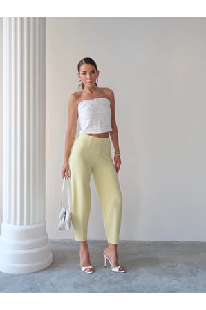 Kadın Sarı Bernis Balon Pantolon, Beli Lastikli Şalvar Model Krep Balon Pantolon Basen Gizleyen