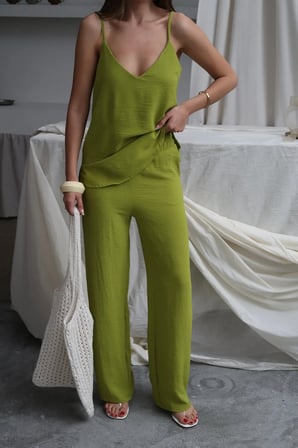 Kadın Shay Olive Ayrobin Ip Askılı Bluz Bol Paça Pantolon Takım, Yaz Yeni Sezon