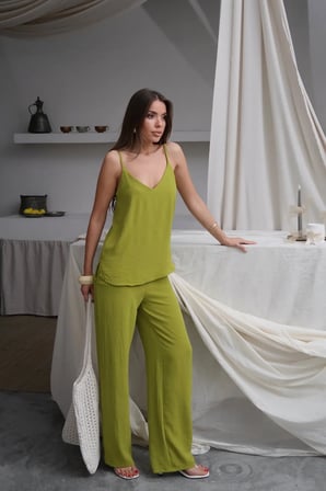 Kadın Shay Olive Ayrobin Ip Askılı Bluz Bol Paça Pantolon Takım, Yaz Yeni Sezon