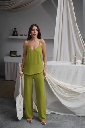Kadın Shay Olive Ayrobin Ip Askılı Bluz Bol Paça Pantolon Takım, Yaz Yeni Sezon