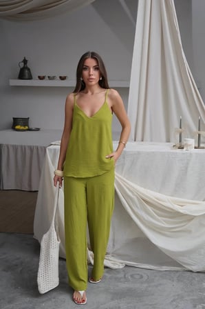 Kadın Shay Olive Ayrobin Ip Askılı Bluz Bol Paça Pantolon Takım, Yaz Yeni Sezon
