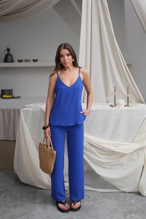 Kadın Shay Saks Ayrobin Ip Askılı Bluz Bol Paça Pantolon Takım, Yaz Yeni Sezon
