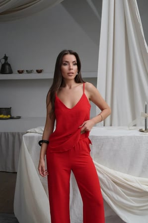 Kadın Shay Kırmızı Ayrobin Ip Askılı Bluz Bol Paça Pantolon Takım, Yaz Yeni Sezon