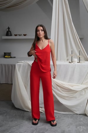 Kadın Shay Kırmızı Ayrobin Ip Askılı Bluz Bol Paça Pantolon Takım, Yaz Yeni Sezon