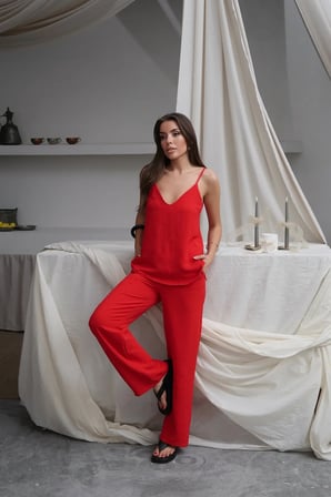 Kadın Shay Kırmızı Ayrobin Ip Askılı Bluz Bol Paça Pantolon Takım, Yaz Yeni Sezon