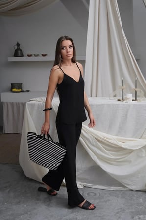 Kadın Shay Siyah Ayrobin Ip Askılı Bluz Bol Paça Pantolon Takım, Yaz Yeni Sezon