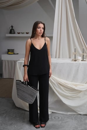 Kadın Shay Siyah Ayrobin Ip Askılı Bluz Bol Paça Pantolon Takım, Yaz Yeni Sezon