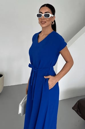 Kadın Harber Saks V Yaka Kuşaklı Elbise Ayrobin Kumaş, Yeni Sezon Yazlık