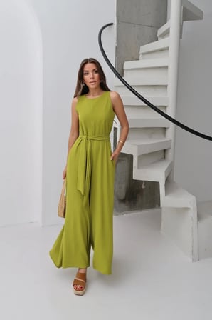Kadın Deta Olive Kuşaklı Cepli Ayrobin Kumaş Tulum