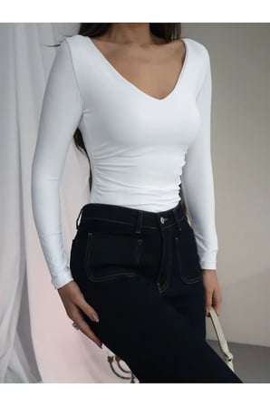 Kadın V Yaka Polyamid Bodysuit