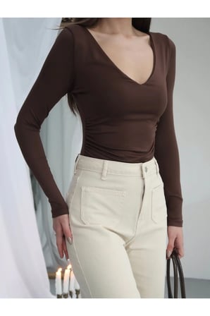 Kadın V Yaka Polyamid Bodysuit