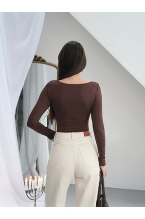 Kadın V Yaka Polyamid Bodysuit