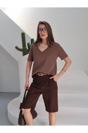 Kadın Massi İnterlok Kumaş V Yaka Oversize T-Shirt