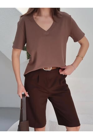 Kadın Massi İnterlok Kumaş V Yaka Oversize T-Shirt