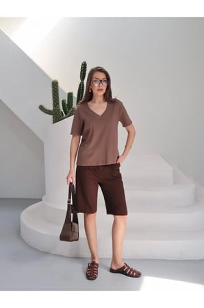 Kadın Massi İnterlok Kumaş V Yaka Oversize T-Shirt