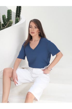 Kadın Massi İnterlok Kumaş V Yaka Oversize T-Shirt