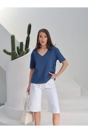 Kadın Massi İnterlok Kumaş V Yaka Oversize T-Shirt