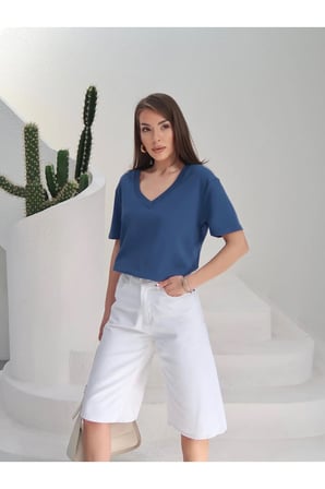 Kadın Massi İnterlok Kumaş V Yaka Oversize T-Shirt