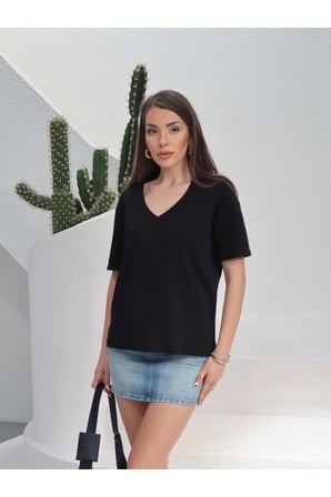 Kadın Massi İnterlok Kumaş V Yaka Oversize T-Shirt