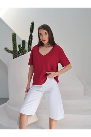 Kadın Massi İnterlok Kumaş V Yaka Oversize T-Shirt