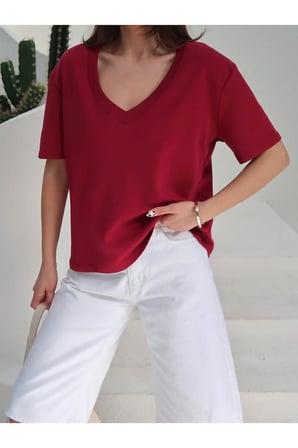 Kadın Massi İnterlok Kumaş V Yaka Oversize T-Shirt
