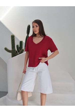 Kadın Massi İnterlok Kumaş V Yaka Oversize T-Shirt