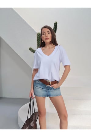 Kadın Massi İnterlok Kumaş V Yaka Oversize T-Shirt