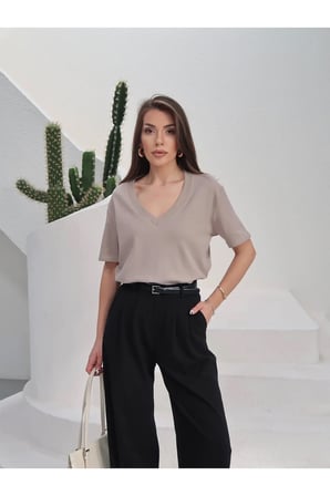 Kadın Massi İnterlok Kumaş V Yaka Oversize T-Shirt