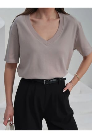 Kadın Massi İnterlok Kumaş V Yaka Oversize T-Shirt